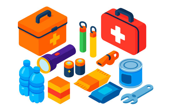 Emergency Kit Essentials. Isometric vector illustration set Disaster preparedness &ndash; emergency kit box, first aid kit, flashlight;