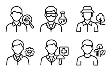 Obraz premium Mycology Career Icons. Line style icons of career paths in mycology: fungal taxonomist, lab mycologist, field surveyor, biotech