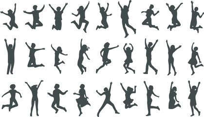 Silhouettes of people jumping and raising their arms