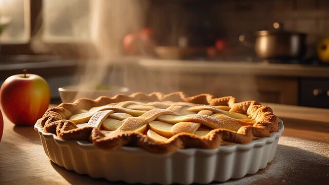 Freshly baked apple pie steaming on a wooden table, mp4 video. AI
