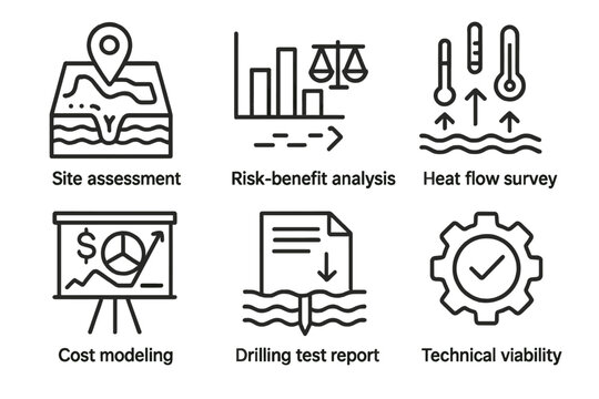 Geothermal Study Icons. Line style icons of geothermal feasibility studies: site assessment icon, risk-benefit analysis chart,