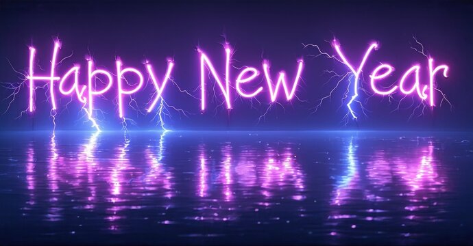 Bright purple Happy New Year text over water reflection. Electric bolts enhance festive greeting. Dark background provides contrast. - Powered by Adobe