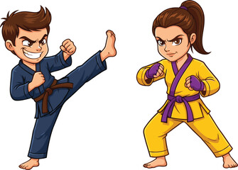 Enthusiastic Young Male Karate Student Executing a Powerful High Kick While His Female Opponent Stands Ready in a Defensive Stance, Practicing Martial Arts for Discipline, Fitness, and Self-Defense