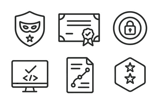 Ethical Hacking Icons. Line style icons of ethical hacking certifications: CEH badge icon, OSCP certificate, CompTIA Security+