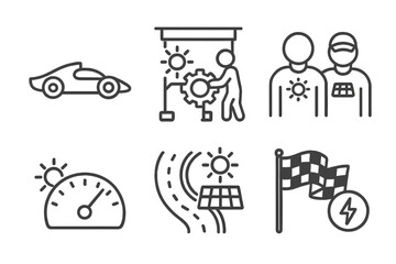 Solar Car Racing Icons. Line style icons of solar car racing: streamlined race vehicle, pit stop with sun gear, team crew with
