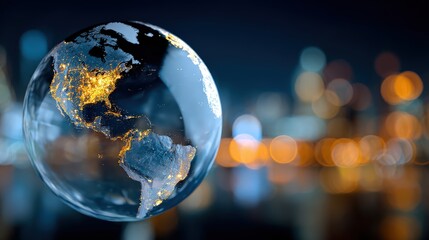 Illuminated glass sphere representing the planet earth floats over a blurred urban nightscape
