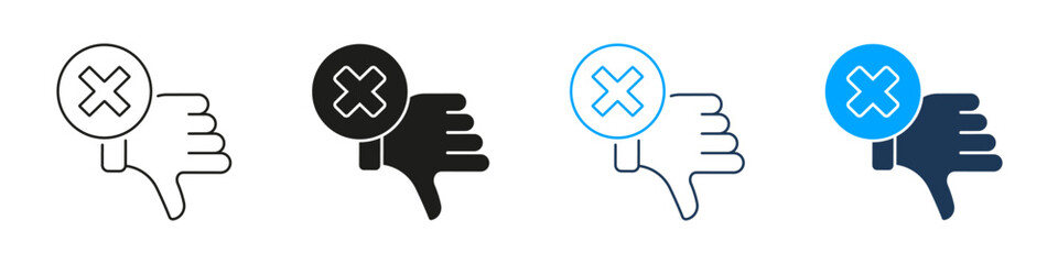 Thumbs Down With Cross Line And Solid Icon Set. Negative Feedback, Disapproval, And Rejection Symbol Collection. User Experience And Rating Concept. Isolated Vector Illustration
