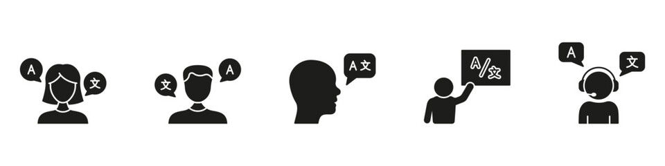 Communication and Language Learning Silhouette Icon Set. Includes Speaking, Thinking, Teaching, and Support Dialogues Solid Symbol Collection. Isolated Vector Illustration