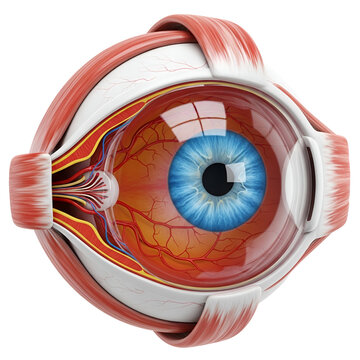Detailed cross section of a human eye with blue iris and optic nerve anatomy