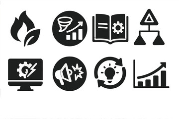 Crisis Management Icons. Solid style icons of crisis management for growth: fire + growth symbol, disaster-to-opportunity badge,