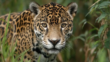 A jaguar gazes intensely from behind lush green plants showcasing its vibrant spots and powerful presence.