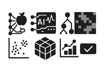 Hyperspectral Data Icons. Solid style icons of hyperspectral data interpretation: neural net food scan, AI spectral analysis board