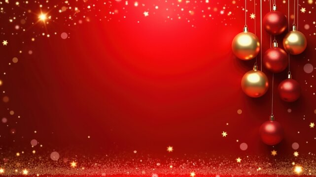 Luxurious Red and Gold Christmas Card with Minimalist Golden Baubles and Star Accents.
