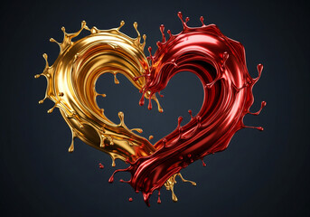Luxurious Abstract 3D Render of a Swirling Liquid Gold and Red Heart on a Dark Background