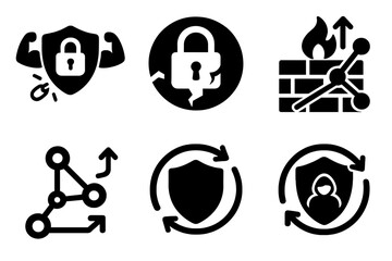 Resilient Security Icons. Solid style icons of anti-fragile security: security icon gaining strength after breach,