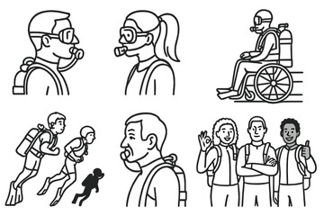 Diverse Diver Icons. Line style icons of divers from different backgrounds: male and female diver profiles, adaptive diver on
