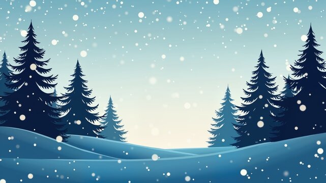 Silhouette Christmas evergreen trees against a winter sky scene with snow falling and snowflakes footer background
