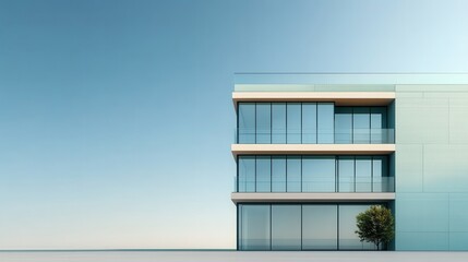 Gleaming Architecture Glass Facade Reflects Sunlight Against a Pristine Clear Blue Sky on a Tranquil Day