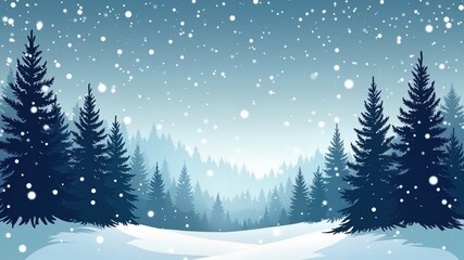 Silhouette Christmas evergreen trees against a winter sky scene with snow falling and snowflakes footer background
