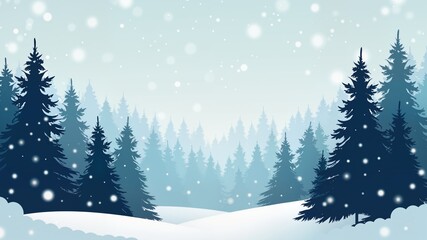 Silhouette Christmas evergreen trees against a winter sky scene with snow falling and snowflakes footer background
