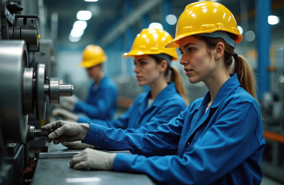 Three women work in factory on machines wearing blue coveralls and yellow hard hats. They focus intently on their tasks at workstations, operating metal equipment and performing assembly work.