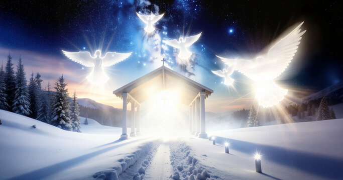 A Brilliant Scene Of Gloria In Excelsis Deo Joy To The World Awaiting The Messiah Promised To The World As The Angelic Illuminated Beings Of The Glory Of Yahweh Bring Great Joy With Galactic Splendor
