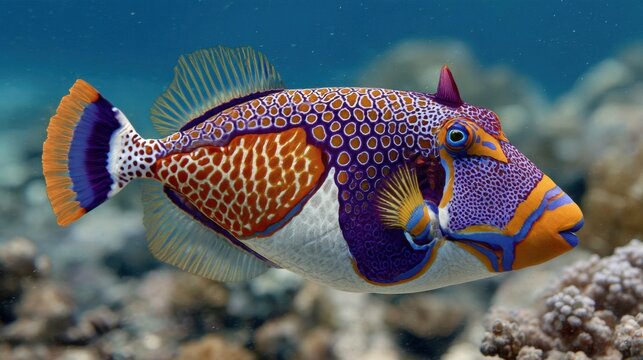 A beautifully patterned fish glides through the water next to a lively coral reef showcasing colors.