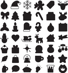 set of black vector silhouette design for christmass holiday, Christmas Silhouette Icons Vector Bundle Reindeer Snowflakes, 42 icon vector design for event, holiday elements, vector illustration. 