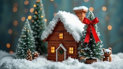 Cozy small house adorned with a festive Christmas tree and a bright red bow.
