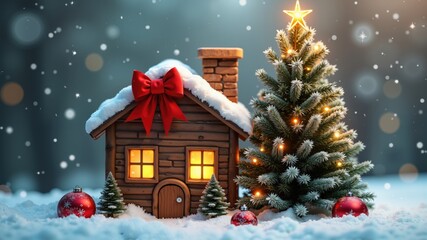 Cozy small house adorned with a festive Christmas tree and a bright red bow.
