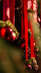A festive Christmas decoration with red ribbons, pinecones, and shiny ornaments, warmly lit by sunlight to create a natural and cozy holiday atmosphere.