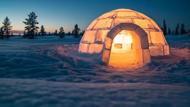 An illuminated igloo stands in a snowy landscape during twilight with trees in the background and a clear sky above