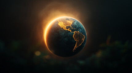Fototapeta premium Planet Earth illuminated during sunrise against a dark background - Concept of International Earth Day 