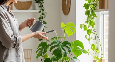Woman Watering Green Indoor Potted Plants. woman gently watering lush green indoor plants near a bright window using a small watering can. Represents home gardening, nature, care, hobby