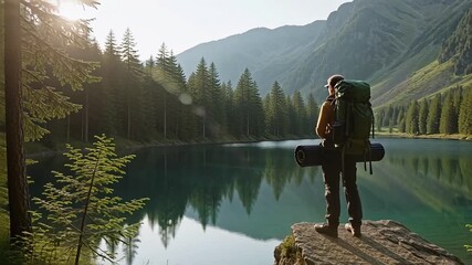 Hiking adventure: explore scenic mountain lake views with a backpacker on a nature escape trip - Powered by Adobe