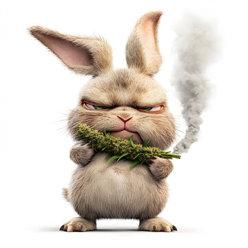 grumpy angry cute cartoon bunny holding a big smoking marijuana weed bud isolated on a white background