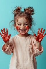 Little Artist Shows Her Crimson Masterpiece With Joyful Glee on a Bright Turquoise Canvas