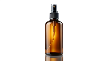 A cinematic product mockup of an amber glass spray bottle, captured with dramatic studio lighting on a dark, moody background on a Pure White Background and transparent background