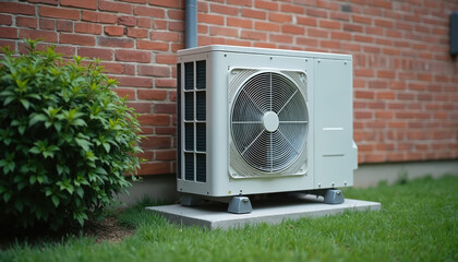 Outdoor air conditioning unit sits on concrete pad beside brick house. Green bush and grass surround the HVAC system, providing cool air. Fan and vent are visible on white machine.