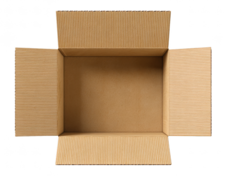 Open cardboard box mockup, isolated on transparent background, delivery packaging concept, clean minimal composition