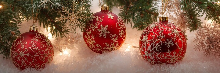 Celebrate the cozy Christmas season with bright red ornaments and twinkling lights creating festive holiday magic and winter wonderland charm
