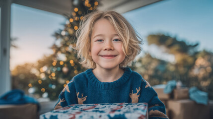 Young boy with curly blonde hair, wearing a cozy sweater, smiles joyfully while holding a beautifully wrapped gift in a festive holiday setting with a decorated tree