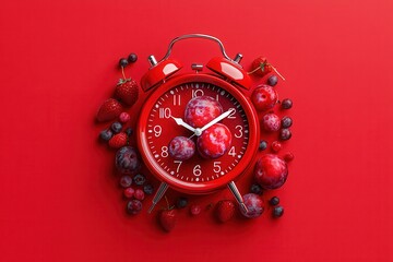 Red Alert Clock With Plum Dial and Berries Around Showing 9 O'clock Against a Deep-Toned Red Background