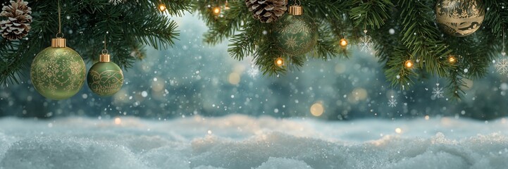 Magical Christmas scene with green ornaments and falling snow creates a festive holiday mood for happy family celebrations this winter season