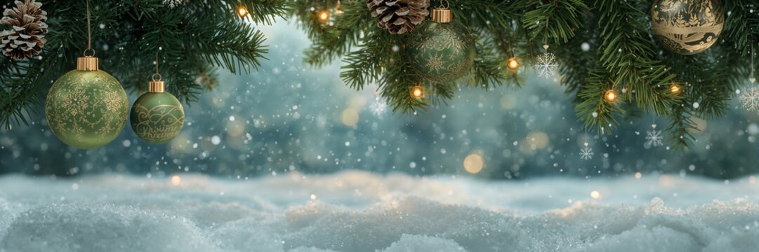 Magical Christmas scene with green ornaments and falling snow creates a festive holiday mood for happy family celebrations this winter season - Powered by Adobe