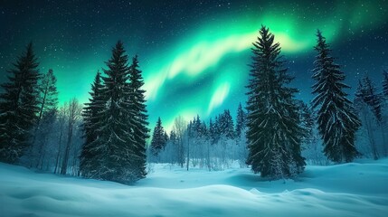 Enchanting Aurora Borealis Dances Above Snowy Evergreens in the Quiet Winter Forest of the North