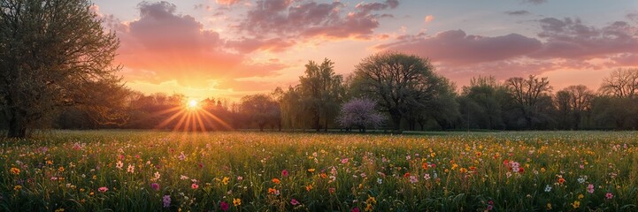 Stunning meadow with vibrant wildflowers bathed in warm sunlight at sunset creating a tranquil idyllic scene perfect for spring promotions