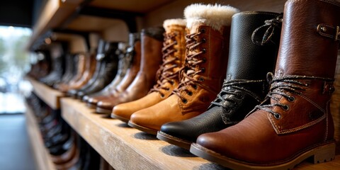 Close-up of women's boots  on a store counter