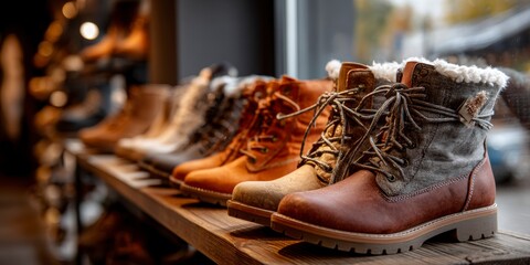 Close-up of women's boots  on a store counter