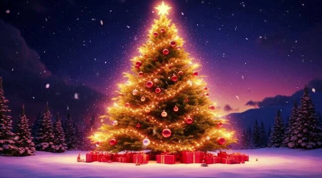 Christmas tree decorated with lights and ornaments in winter snow  